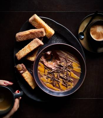 Chocolate salted caramel dessert with French toast dippers 