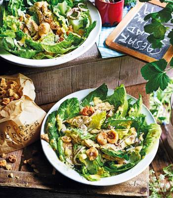 Chicken Caesar salad with pork scratching ‘croutons’