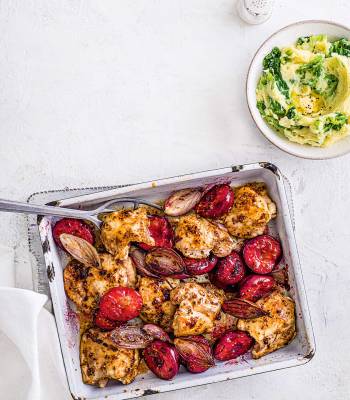 Sticky plum chicken traybake