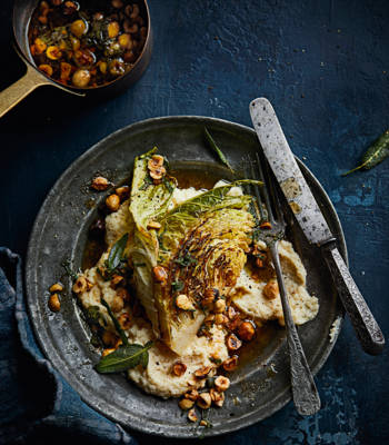 Savoy cabbage with celeriac purée and brown butter hazelnuts