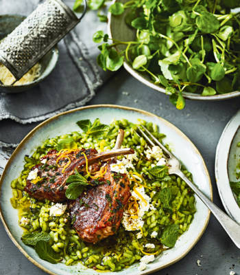 Minty lamb chops with watercress risotto