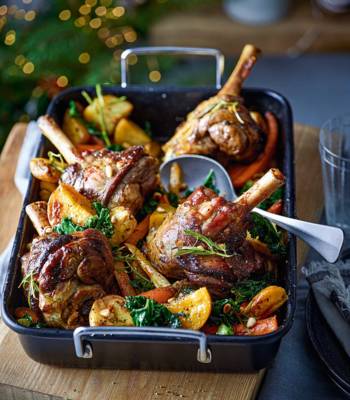 Cinnamon and saffron lamb shank with roasted roots