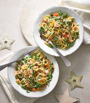 Smoked salmon spaghetti with crispy capers