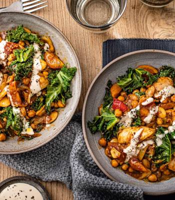 Tahini chicken, greens and beans