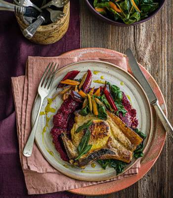 Butter-basted sage pork chops with beetroot purée and garlic chard