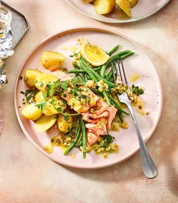 Salmon with lemon-olive butter and new potatoes