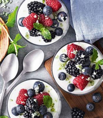 Yogurt mousse, berries and mint sugar