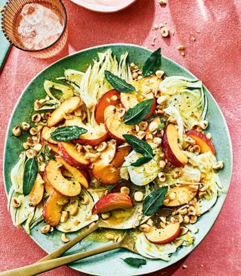 Peach, fennel and hazelnut salad with crispy sage