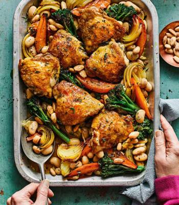 Golden chicken and bean traybake with sherry and sage dressing