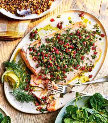 Olive-oil-baked salmon with walnut tarator