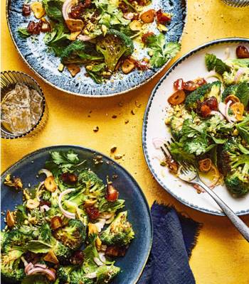 Warm broccoli and date salad with pistachio topping