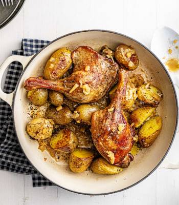 Braised duck legs with potatoes and preserved lemon butter