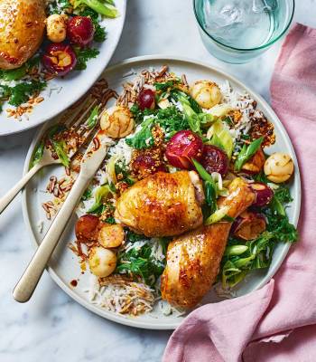 Chicken, smacked radishes and rice