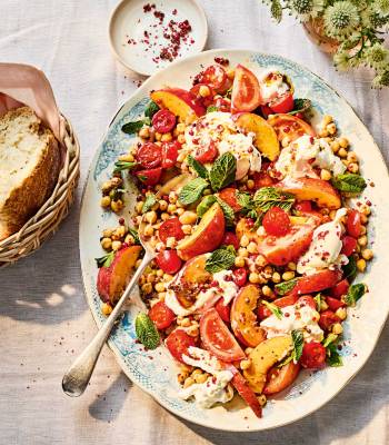 Pink pepper, peach and tomato salad