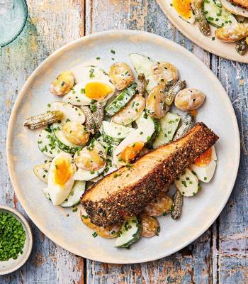 Furikake-crusted salmon and Japanese-style potato salad