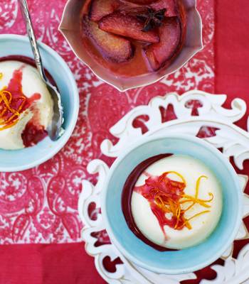 Buttermilk panna cottas with roasted star anise plums