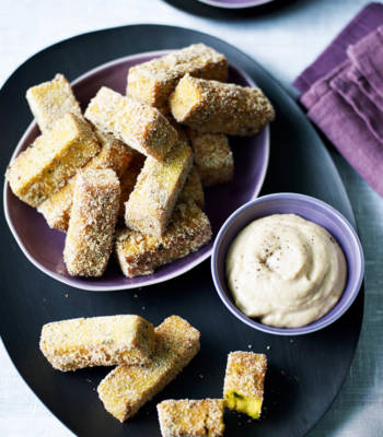 Turmeric and chickpea chips with tahini lemon dip