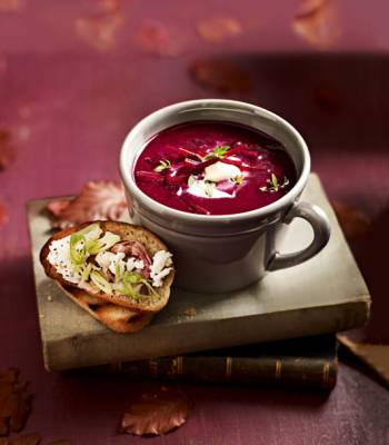 Beetroot soup with crème fraîche and feta toasts