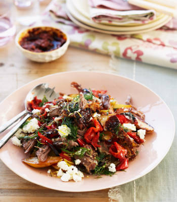 Slow-roast lamb with feta, peppers and dill
