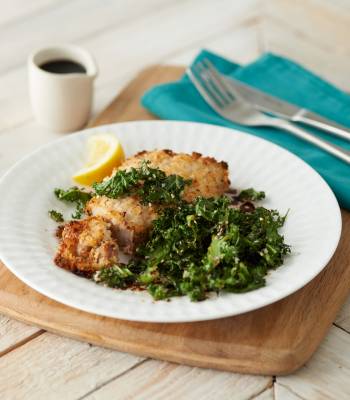Breaded pork chops with crispy sesame and balsamic kale