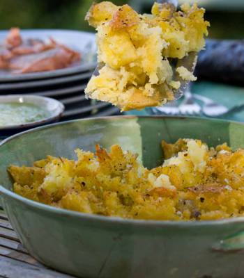 Smashed roast new potatoes with garlic & rosemary
