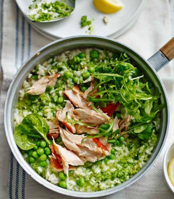 Pea pesto risotto with honey roast salmon 