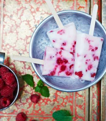 Raspberry, rose and yogurt ice lollies