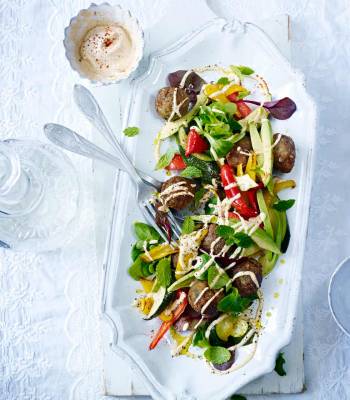 Falafel with avocado, roasted vegetables and tahini dressing 