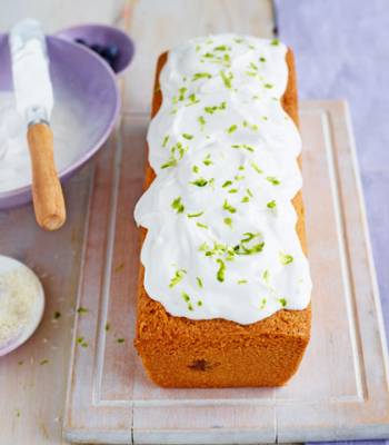 Blueberry and lime loaf cake with coconut cream icing
