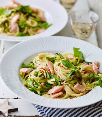 Chilli courgette capelli with smoked trout