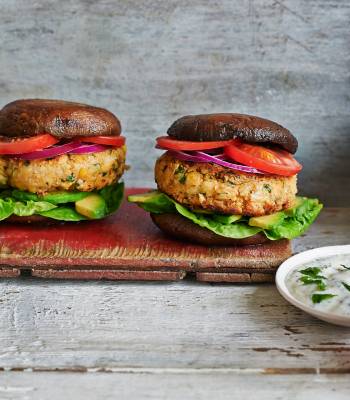 Chickpea burgers in roasted portobello ‘buns’