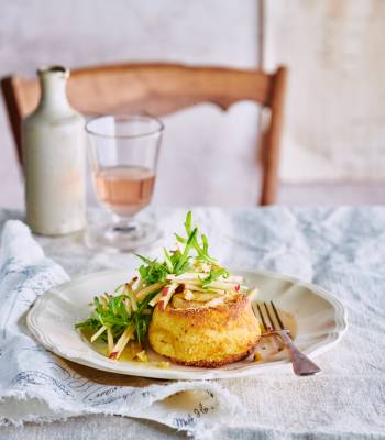 Twice-cooked goats’ cheese soufflés with apple and walnut salad