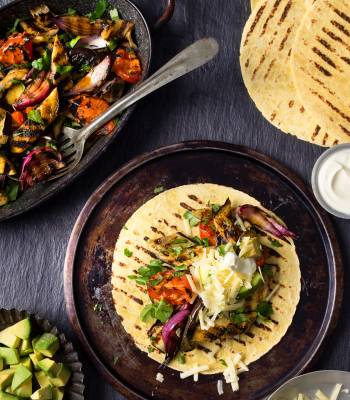 Charred aubergine and tomato wraps