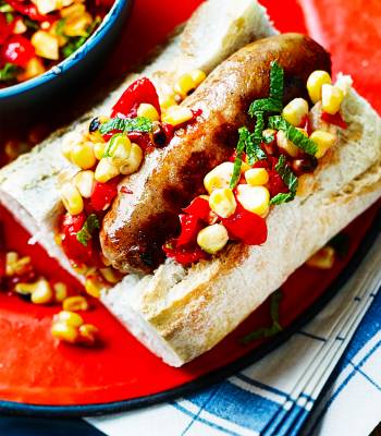 Sausages with spicy charred corn salsa