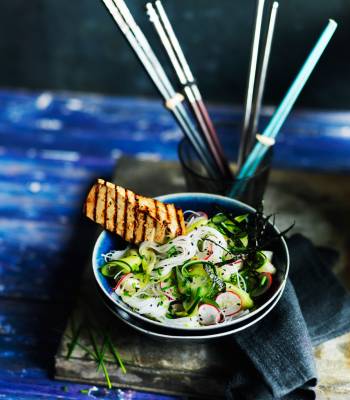 ‘Quick pickled’ rice noodle salad with soy-glazed griddled tofu