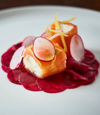 Smoked salmon with goats' cheese, lemon mousse and beetroot carpaccio