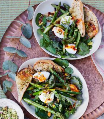 Chargrilled asparagus, pistachio and ricotta salad