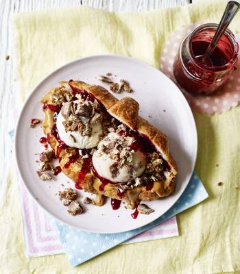 Peanut butter and jelly ice cream croissant sandwich