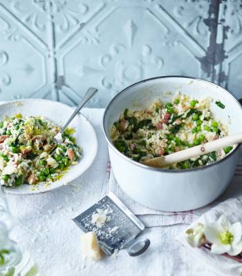 Spring vegetable and pancetta risotto