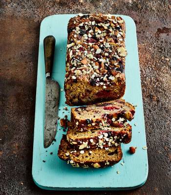 Honeyed fruit and almond banana loaf