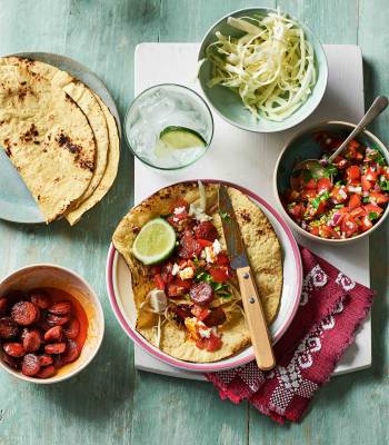 Chorizo tacos with salsa and feta