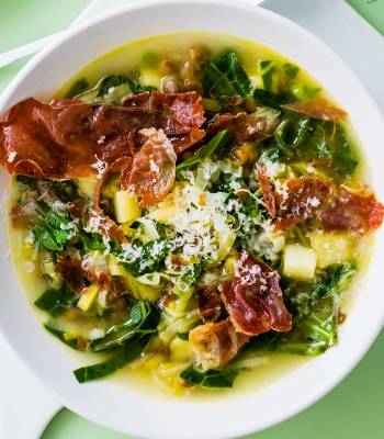 Leek and apple minestrone with crispy Parma ham
