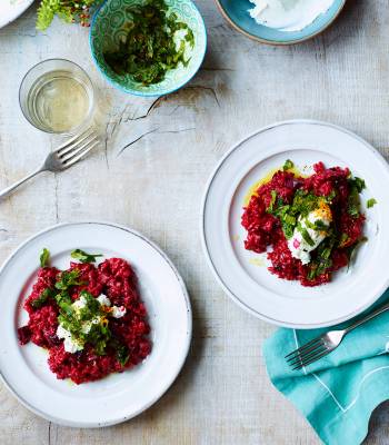 Beetroot and goats' cheese risotto with mint gremolata