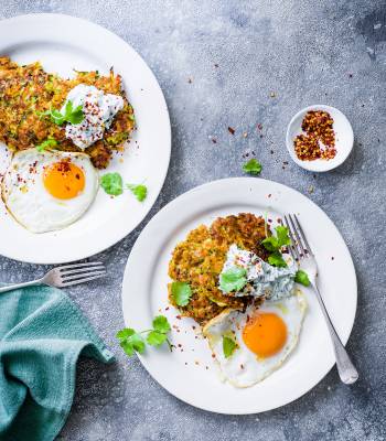 Curried halloumi fritters, raita and fried egg