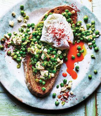 Pea and feta smash with poached eggs on toast