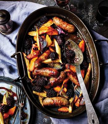 Sausage, sage and blackberry traybake