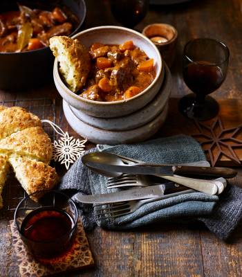 Storecupboard beef stew and cheese biscuits