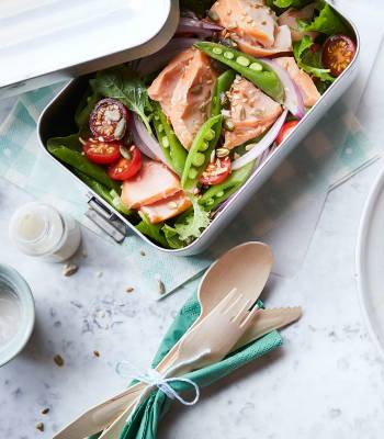 Hot smoked salmon salad with horseradish dressing