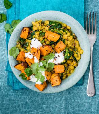 Spinach and split pea dhal with roasted sweet potato