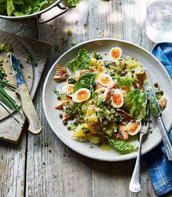 Warm Jersey Royal salad with hot-smoked trout and herby vinaigrette